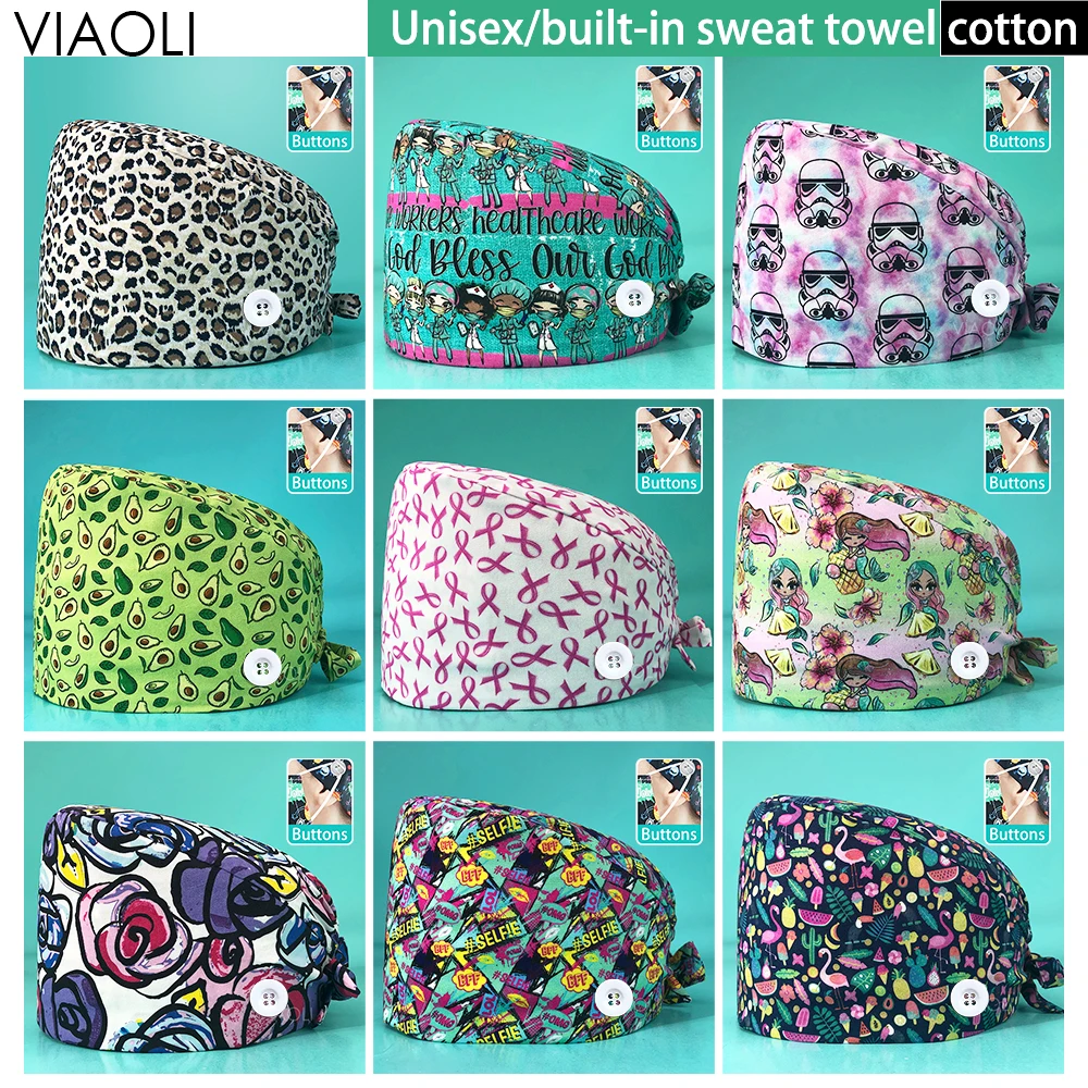 

Cotton adjustable Beautician scrub hat Health Workers Work Scrubs Cap casual turban chef gourd hat unisex Dot print Frosted hat