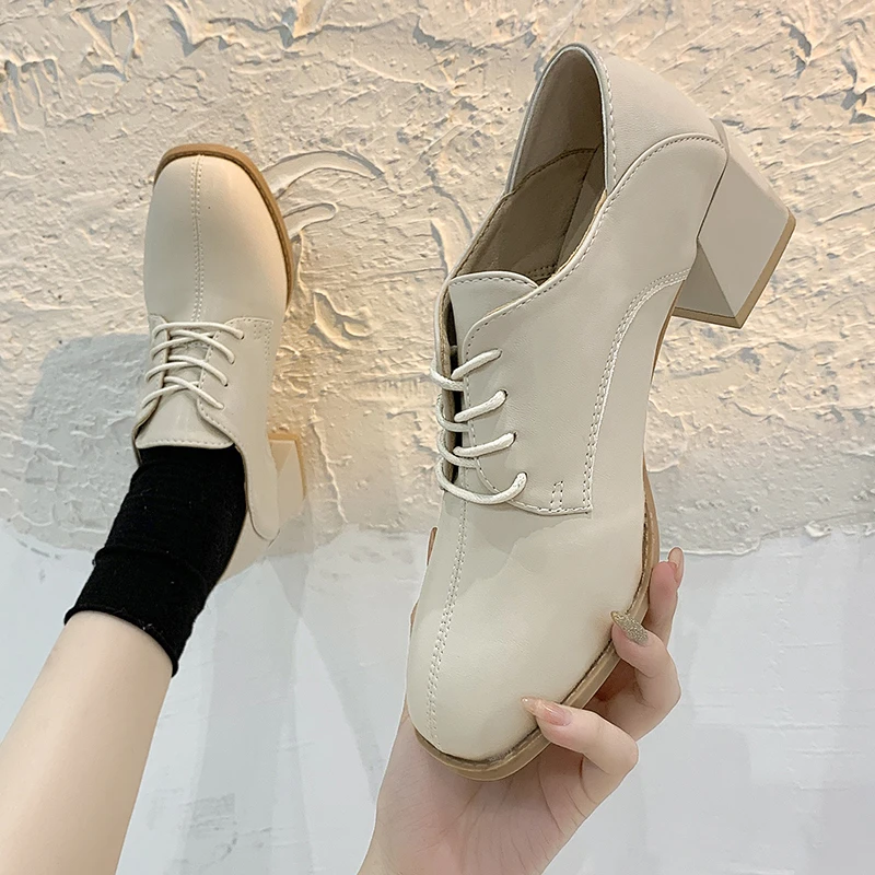 

Single Shoes Women's Mid-heel Thick Heel Square Toe British Style Small Leather Shoes 2021 Fall New Fashion Casual Shoes Women