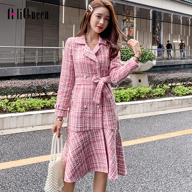 2019 осень зима розовый плед твидовое шерстяное длинное пальто для женщин Зубчатый