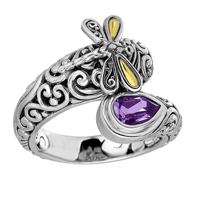 

Mifeiya Dragonfly Lady Ring Creative Purple Crystal Carved Pattern Ring Party Vacation Women Girl Ring Size 6-11
