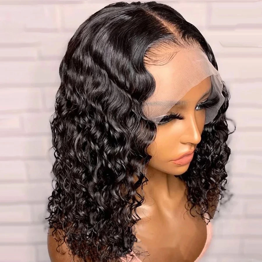 

Blunt Short Cut Bob Deep Wave Lace Front Wigs for Black Women Babyhair Glueless Synthetic Preplucked Middle Part Curly 180% Soft