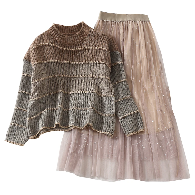 Женский комплект из двух предметов Свободный Полосатый свитер и сетчатая юбка