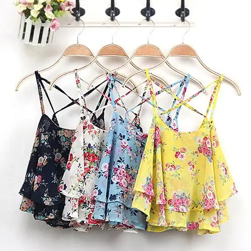 

Women's Summer Spaghetti Strap Flower Print Chiffon Shirt Vest Blouses Crop Top Floral print sexy Crop Top summer Chiffon Vest