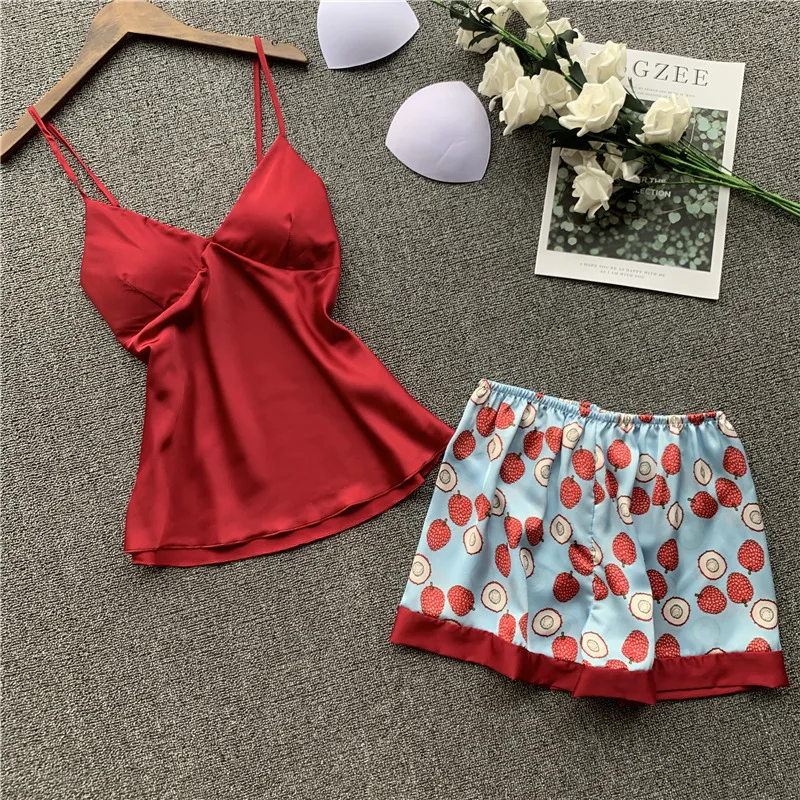 Пикантная Женская шелковая атласная пижама без рукавов Пижама с V-образным