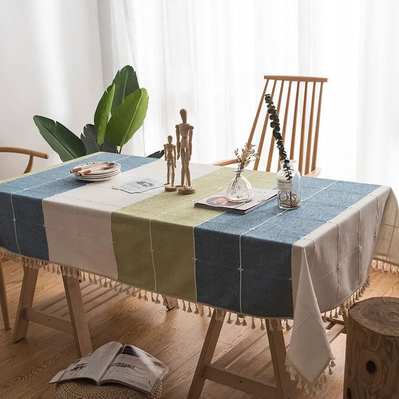 

Fringed Checked Linen Tablecloth Rectangular Tablecloth Tea Table Cloth Europe Cover Cloth Dinning Table Cover