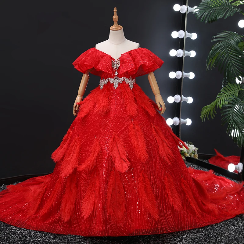 

Flower Girl Dresses Illusion Short V-Neck Tulle Lace Embroidery Sequined Crystal Princess Floor-Length Red Kids Party Gown H577