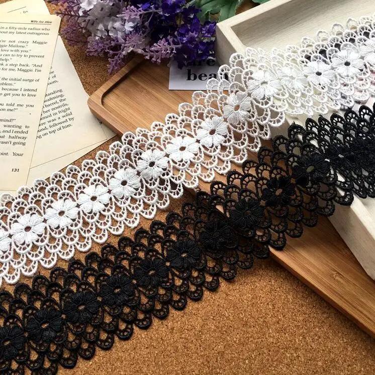 1 ярд белый черный цветок вышитая кружевная отделка по краю лента для аппликации