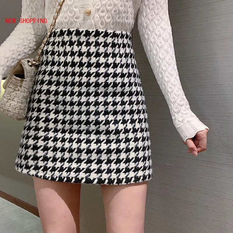 

New Vintage High-waist Houndstooth Woolen Skirt Women's Sexy Short Skirt All-match Coffee Black Skirt 2021 Student Skirts