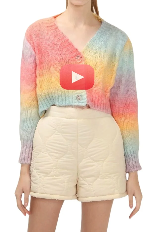 

Ladies Spring and Autumn Fashion Rainbow Blooming Knitted Cardigan Sweater Retro Chic V-neck Long-sleeved Short Top