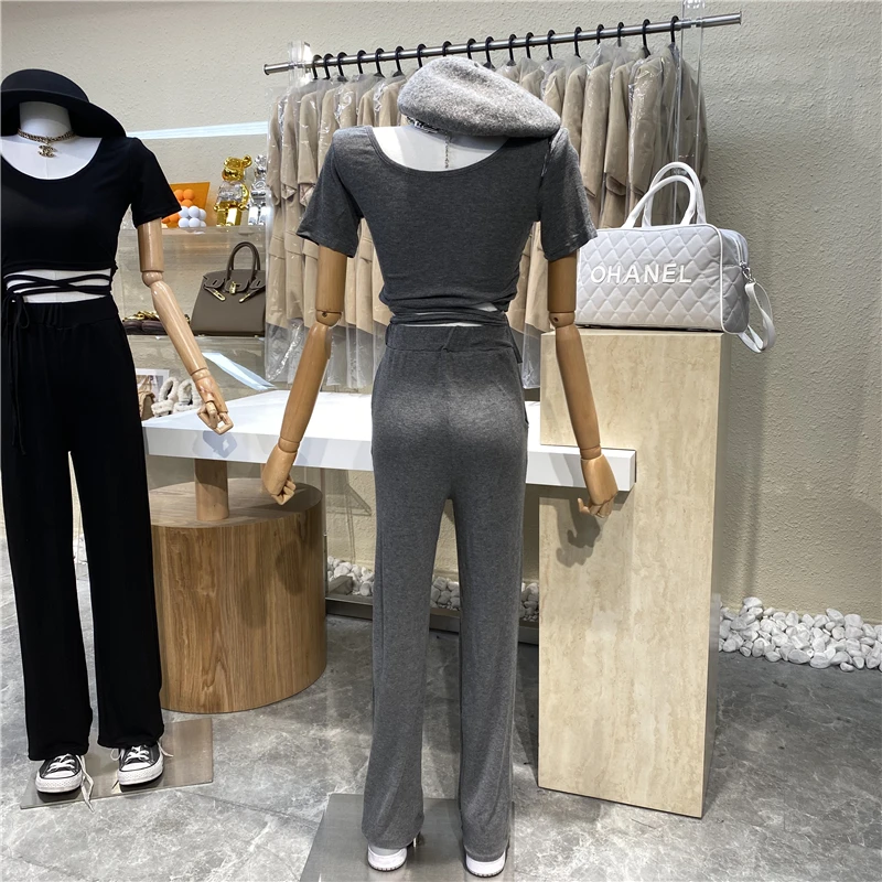 

2021 Sportsuit U-neck Short Sleeve Band Slim Crop T-shirt Top + Elastic High Waist Hanging Straight Trousers 2 Suit