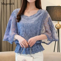 new butterfly flower half sleeve shirt women plus size fashion chiffon blouse summer cotton edge lace o neck loose shirt 4073 50