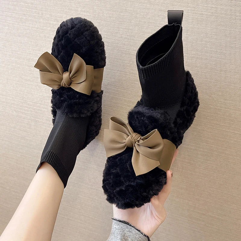 

Повседневная женская обувь, универсальные осенние лоферы с бантом и круглым носком, меховые модные мокасины с бабочкой, новинка сезона осен...