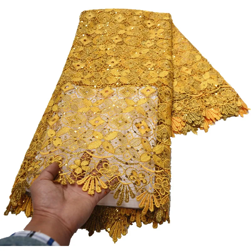 

gold guipure lace fabric for wedding nigerian cord lace fabric 2021 high quality lace With Sequins