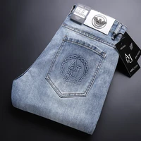 spring summer new blue mens cotton jeans slim elastic ltaly eagle casual fashion trousers male classic jeans denim pants