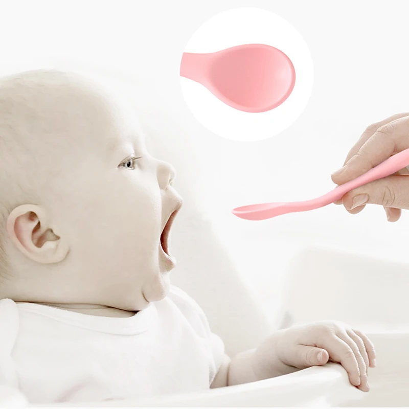 

Baby Feeding Spoon Toddler Infant Learning Tableware Flatware Utensils Kids Easy Grip Feeding Training Spoon Soft Silicone Solid
