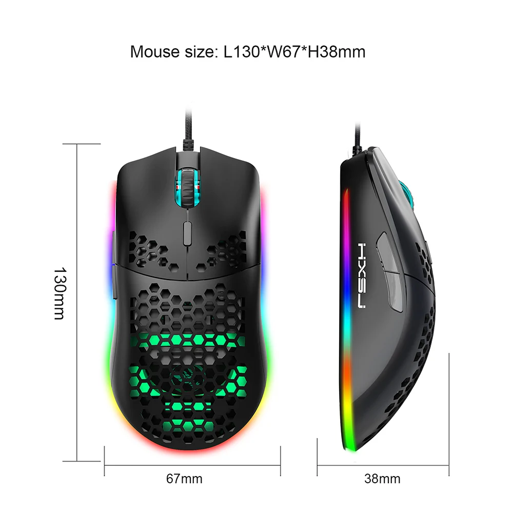 

HXSJ J900 USB Wired Mouse Honeycomb Hollow 7 RGB Backlight Modes Game Mouse With 6 Adjustable DPI For Desktop Computer Laptop PC