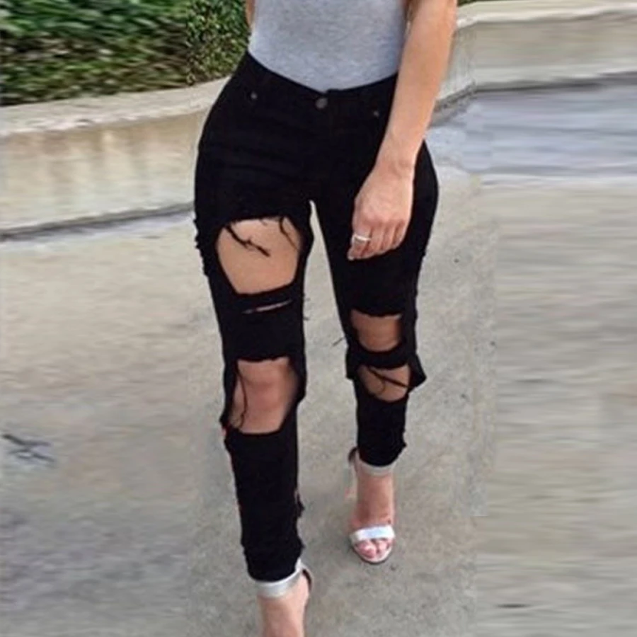 Повседневные женские джинсы с дырками плотные Полые Брюки карандаш завышенной