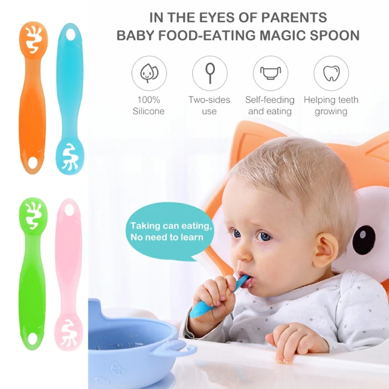 

2PCS Lovely Baby Learning Spoons Set Toddler Utensils Tableware Silicone Teether