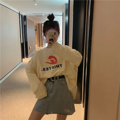 С принтом букв Повседневное свободный свитер универсальные модные 2019 Новое