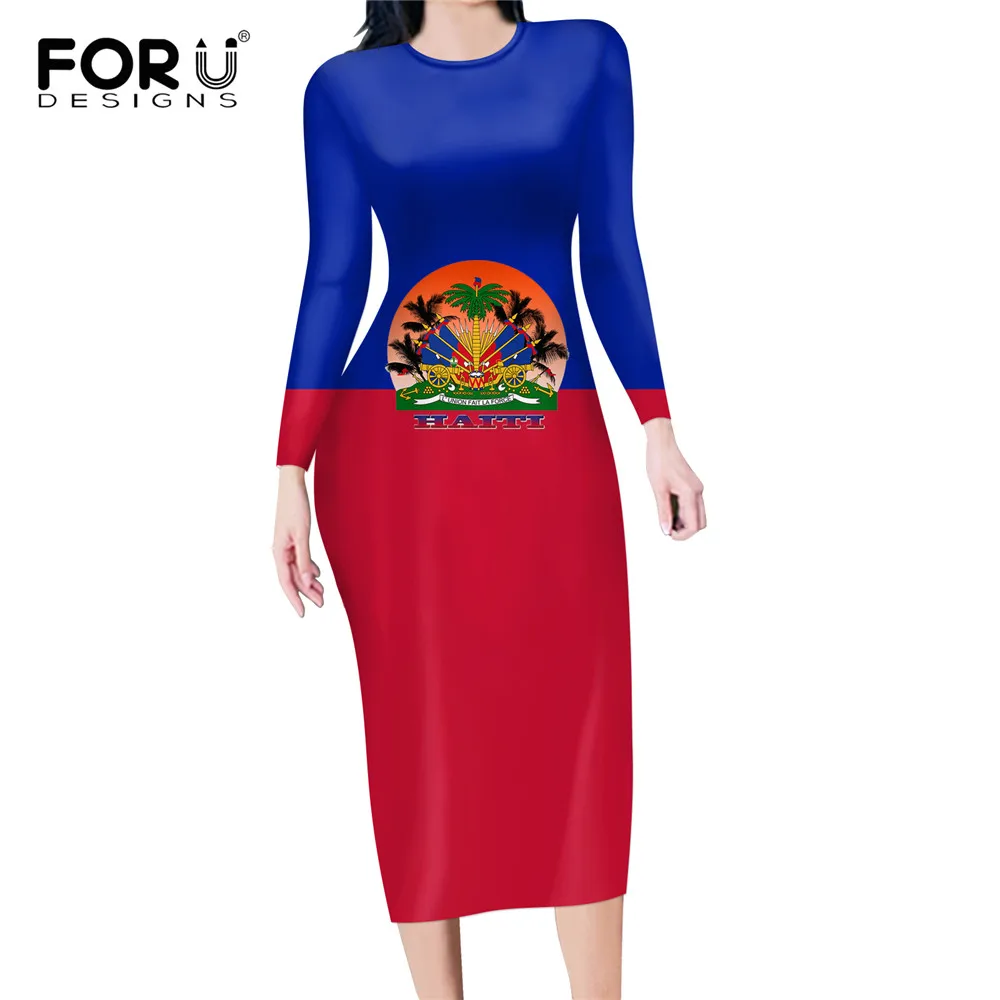 

FORUDESIGNS Women Dress Office Stretchy Bodycon Dress Long Sleeve Party Haiti Flag Design Brand Slim Pencil Top for Mujer