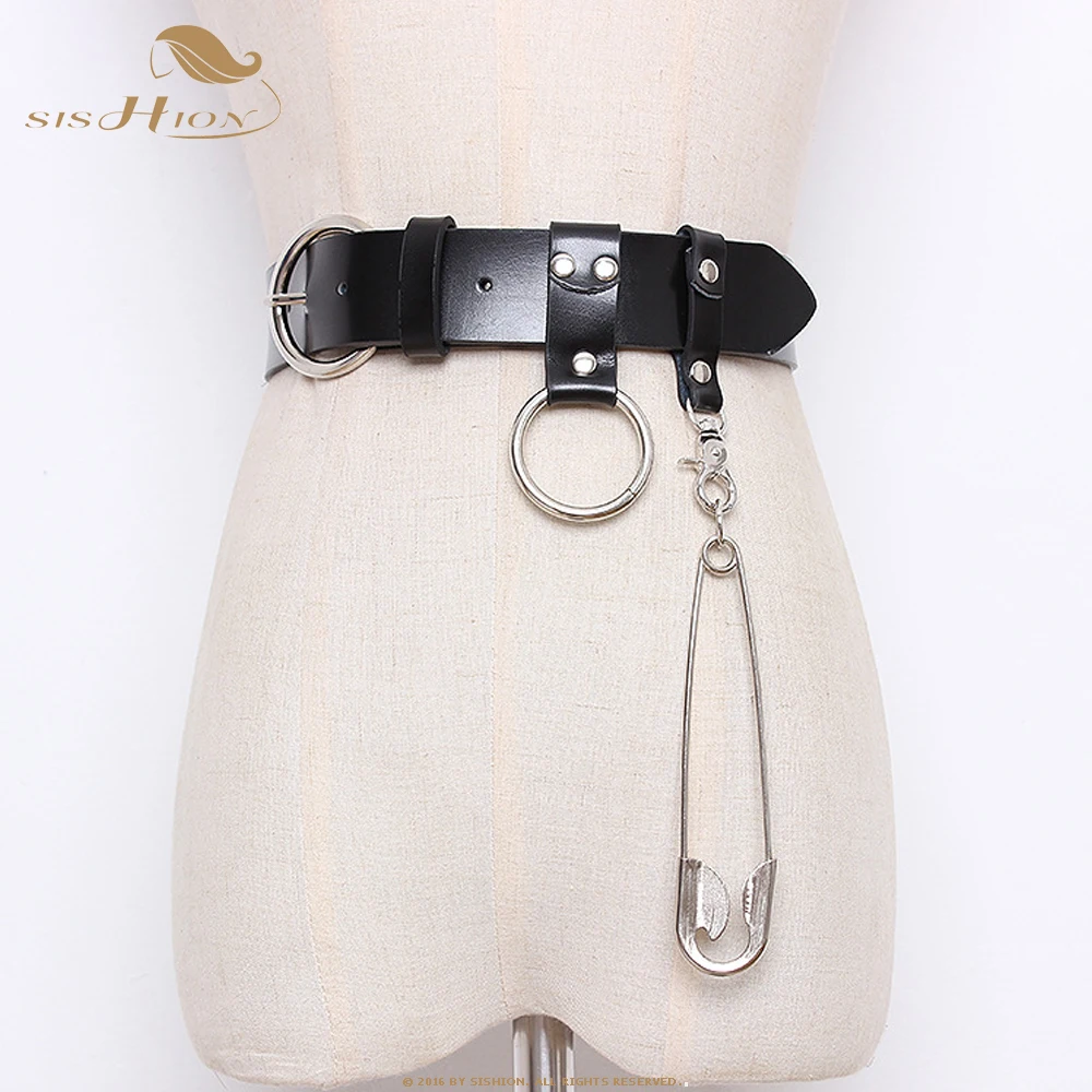 2022 Spring Summer Woman Stylish Black Color Spliced Sliver Pendant Ring Belt Buckle PU Leather Waistband Long Belt QZ0428
