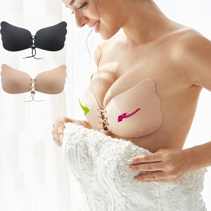 Silicone Self Adhesive Push-Up Bra Invisible Backless Strapless Drawstring Nipple Covers for Wedding Bridal Bra Front Closure)