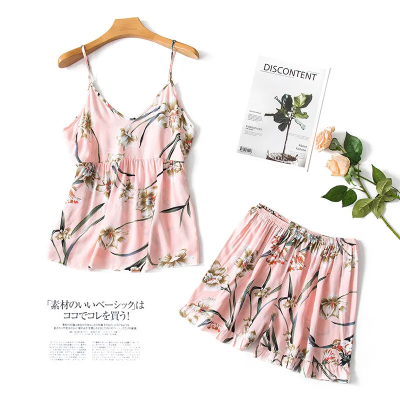 

Women Pajama Sexy Sleepwear Lady Sleeveless Summer Flower Printed Sleeping Suit Female 2 Pieces Homewear Plus Size