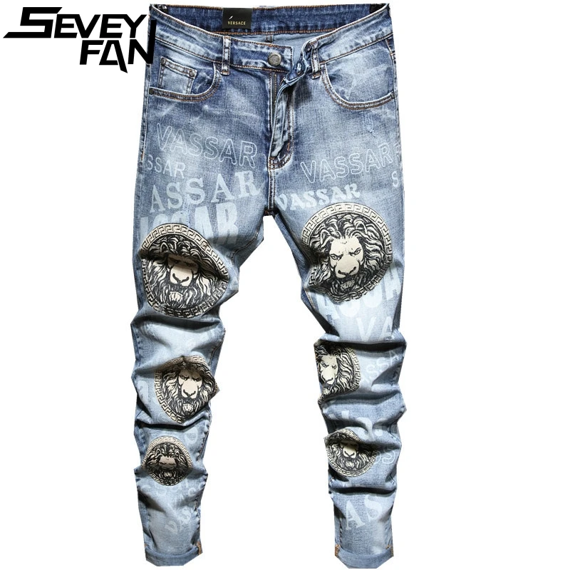SEVEYFAN Мужские Модные Узкие Львы печатные джинсы стрейч промытый Карандаш