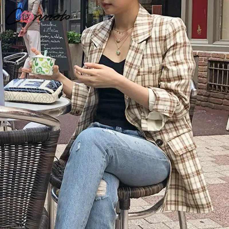 Женский клетчатый Блейзер Conmoto элегантный блейзер с длинным рукавом пальто для