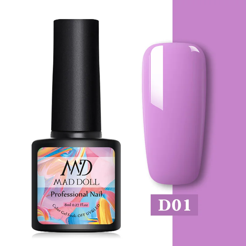 D01 MD MAD DOLL, 8 мл, УФ-гель для ногтей, серый, черный, чистый цвет для ногтей, отмачиваемый Гель-лак, однократный полуперманентный гель для ногтей - Цвет: D01