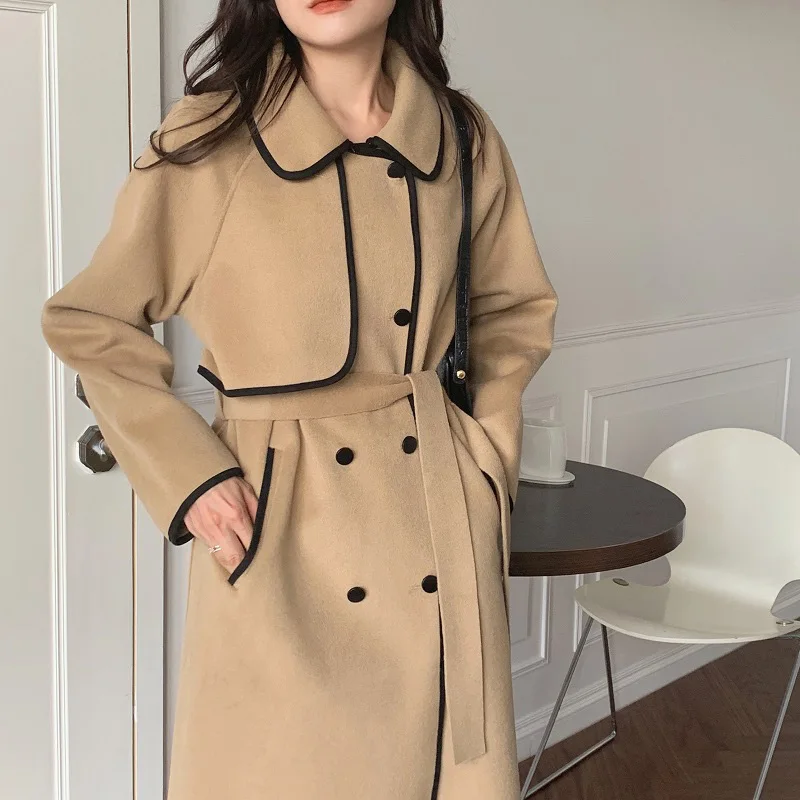 

Croysier Winter Clothes Women Coats Contrast Color Trim Belted Long Coat Overcoat Office Elegant Double Breasted Faux Wool Coat