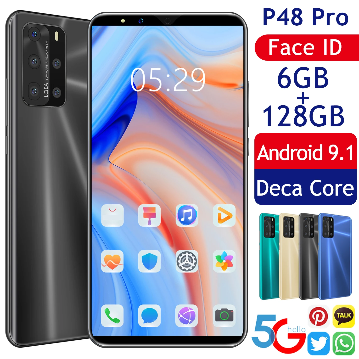 

P48 Pro Smart Phone 5.8 Inch Cellphone 6GB RAM 128GB ROM Dual Sim Unlocked Mobile Phone Android 9.1 3800mAh MTK6797 Deca Core