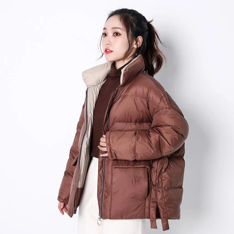 

EORUTCI Winter Oversize Down Coat Women Ultra Light Short Jacket Vintage Black Autumn Pocket Casual Coat LM834