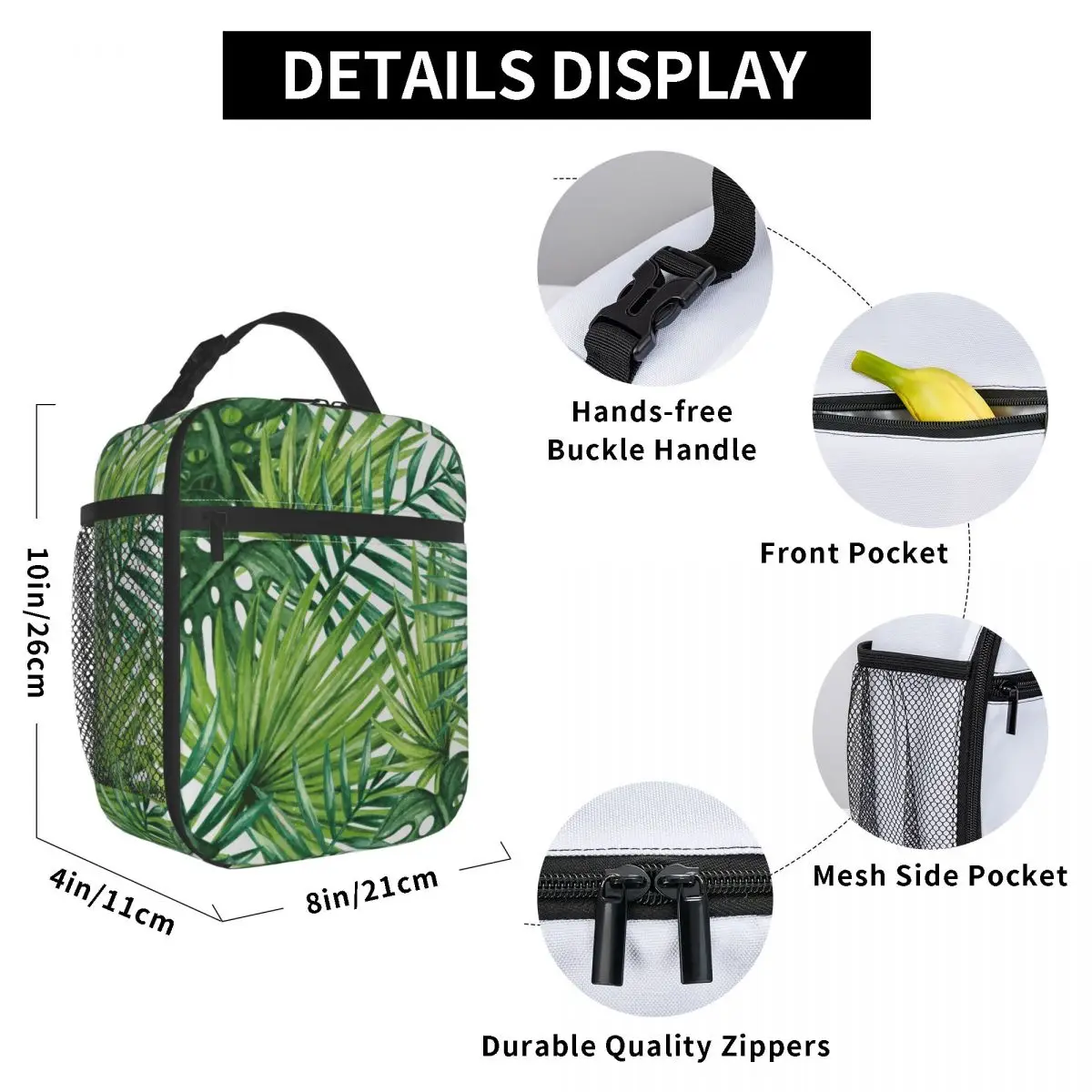 

Green Palm Tree Leaves Lunch Bag for Women Men Large Insulated Lunch Box with Water Bottle Holder and Pockets