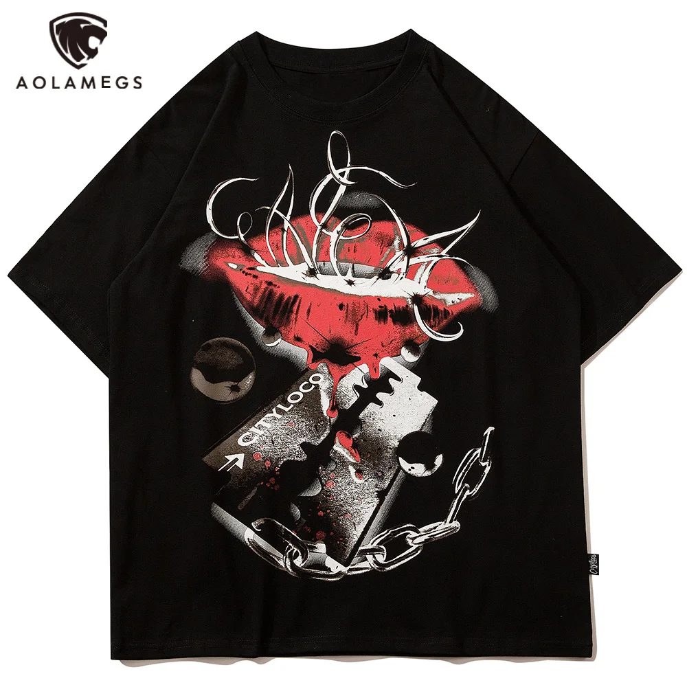 

Aolamegs T-shirt Men Red lip Bloody Gothic Style Print Short Sleeve Men's Tee Shirts Cotton Summer Harajuku Punk Cool Streetwear