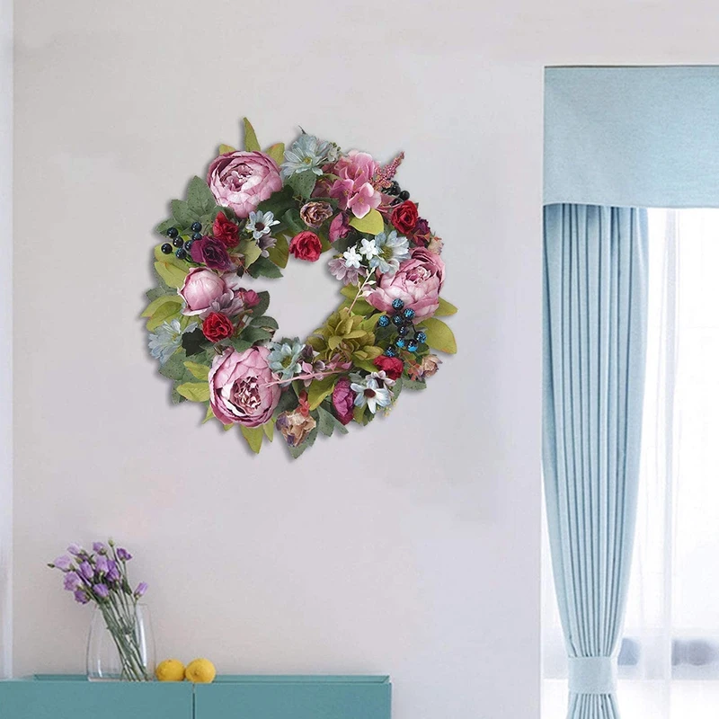 

Artificial Peony Wreath, 16Inch Flower Wreath with Green Leaves Blooming Peonies for Home Front Door Wedding Wall Decor