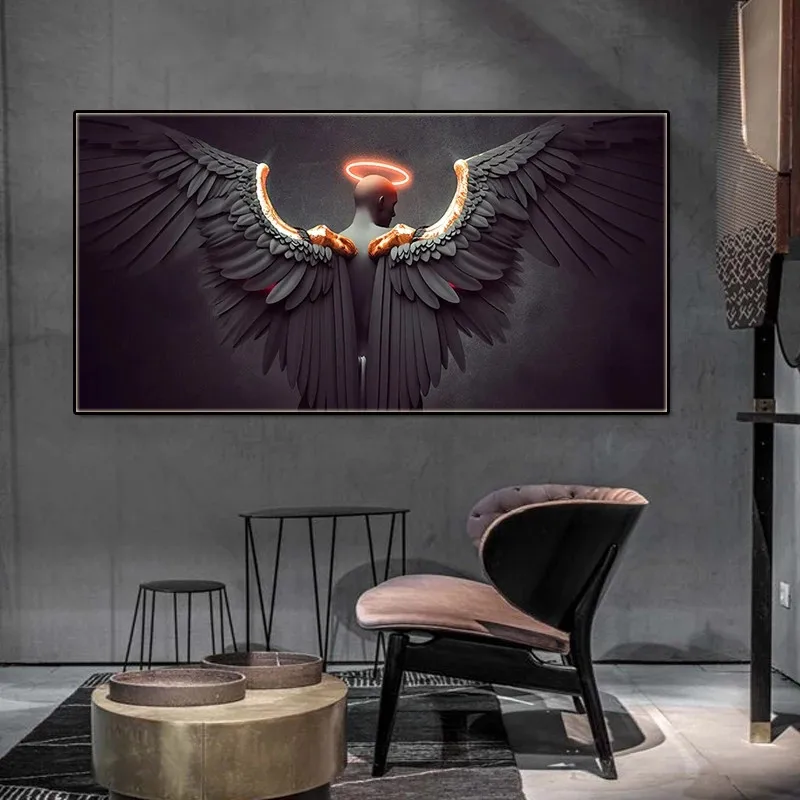 

Canvas Painting Scandinavian Nude Wing Angel with Black Wings Posters on The Wall Decorations Living Room Abstract Picture Art