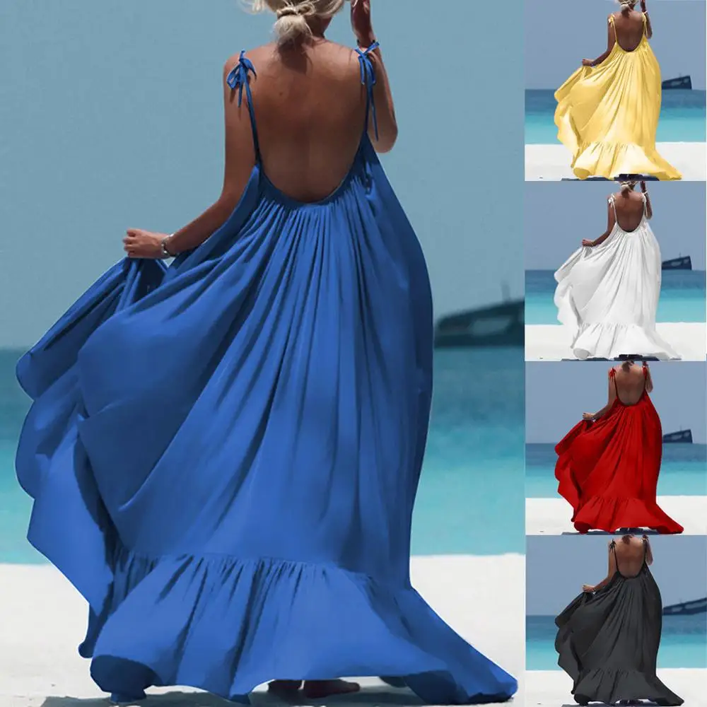 2021 Лето Женское богемное платье макси пикантные однотонные без рукавов с