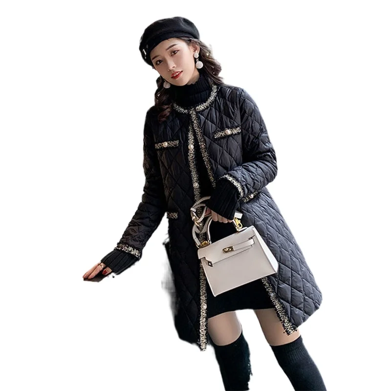 

Straight Round Neck Women's Winter Coat Solid Color Single-breasted Long-sleeved Hairless Collar Simple Commuter Thin Coat T52