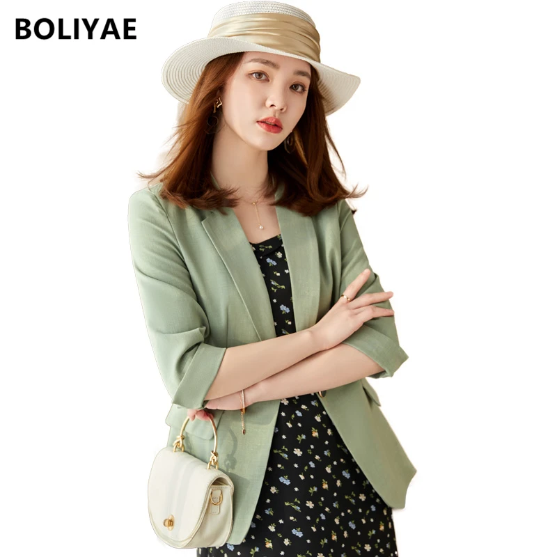 Boliyae Summer Women Fashion Black Jacket Casual Blazers Lady Coat 3/4 Sleeve Single Button Blezer Temperament OL Office Top