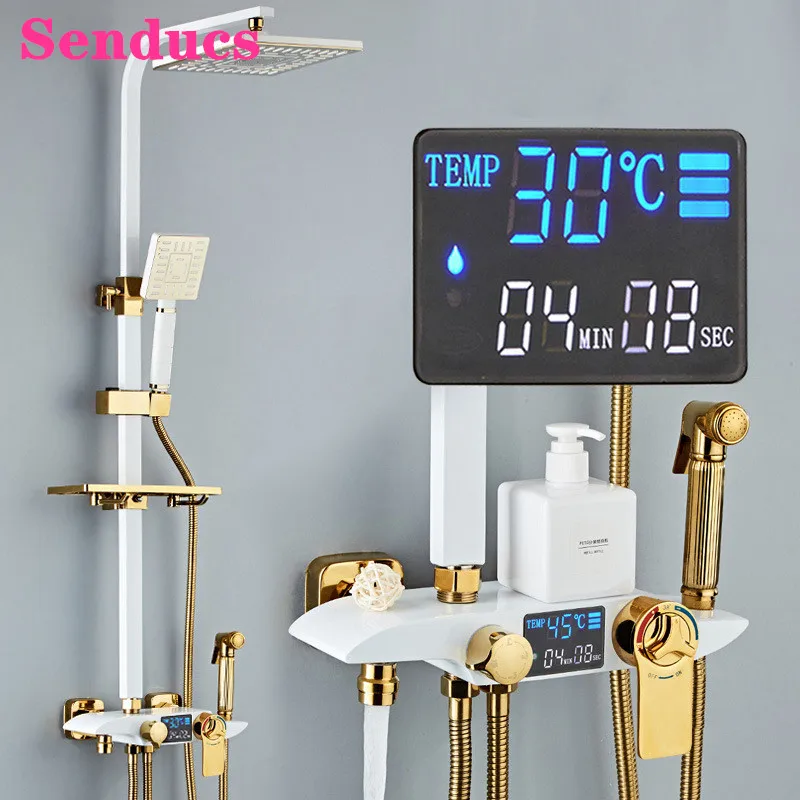 

Thermostatic Shower System Senducs White Gold Bathroom Shower Suit Quality Brass Bathtub Mixer Faucet Digital Shower Set