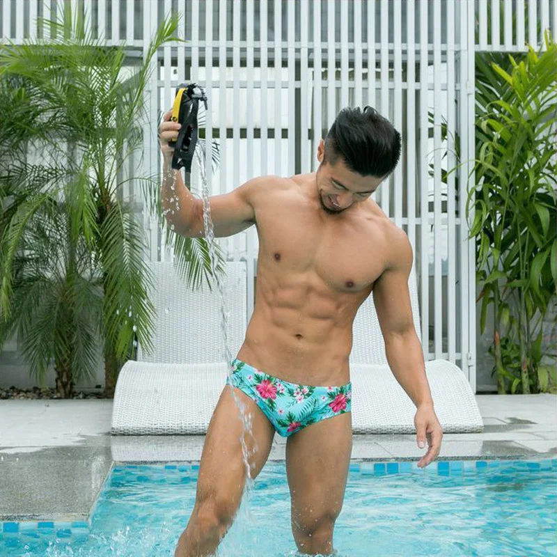 Lily flower print swim Breifs водонепроницаемые купальники мужские сексуальные купальные