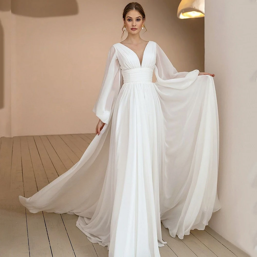 

Sexy Puff Sleeves Chiffon Boho Wedding Dress 2021 V Neck Ruched Drapped Simple Sweep Train Vestido Noiva Bridal Gowns