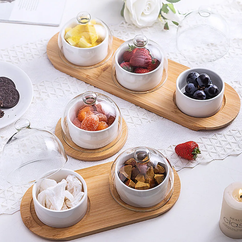 

1Set of Salad Bowl Ceramic Dessert Container with Glass Lid Wooden Tray (White)