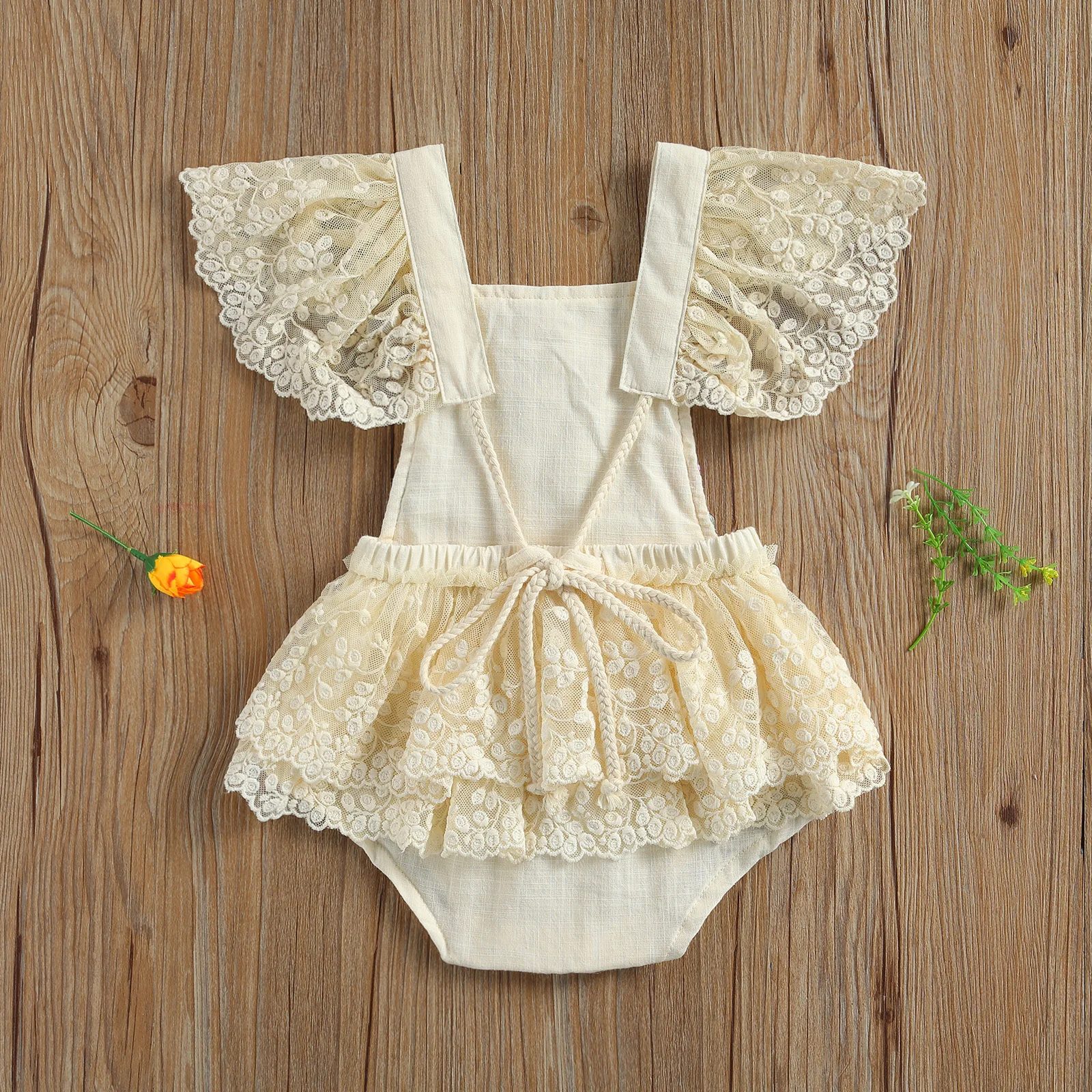 

0-24M Princess Baby Girls Bodysuits Lace Flowers Print Ruffles Short Sleeve Jumpsuits 2 Colors