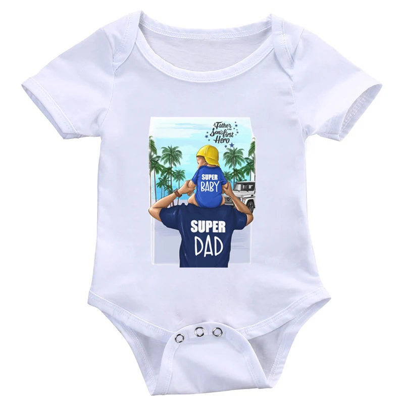 Летний детский комбинезон с принтом Супер папа и ребенок комбинезоны для
