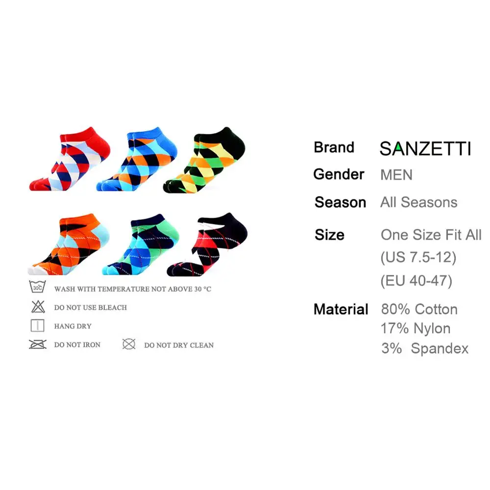 Сланцы SANZETTI 6 пар/лот Красочные мужские чесаный хлопковые носки новые летние счастливые носки до лодыжки Новинка полосатый Клетчатый узор носки
