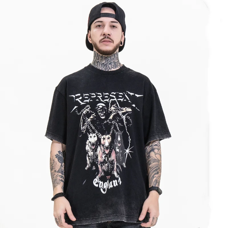 

Hip Hop T-shirt Men's Streetwear Oversized Vintage Washed Harajuku T-shirt Hell Dog Printed Tshirt Cotton Loose Top Summer Tee