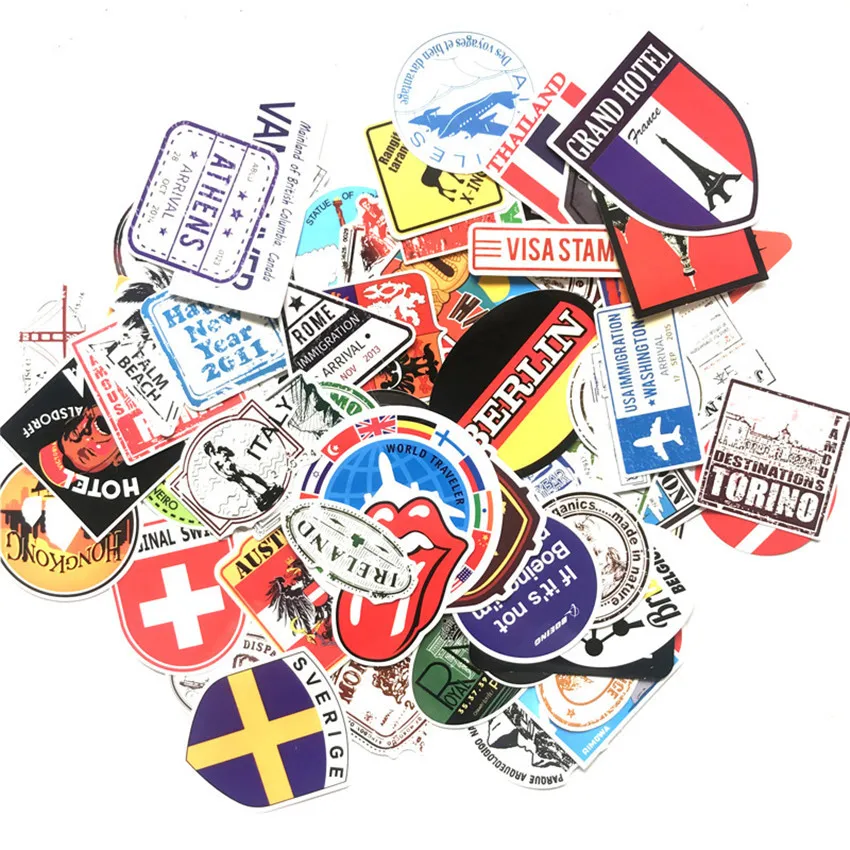 100 шт./лот почтовые марки тематическая страна с известным логотипом Buliding слова мультфильм Граффити наклейки для чемодана тележки случае