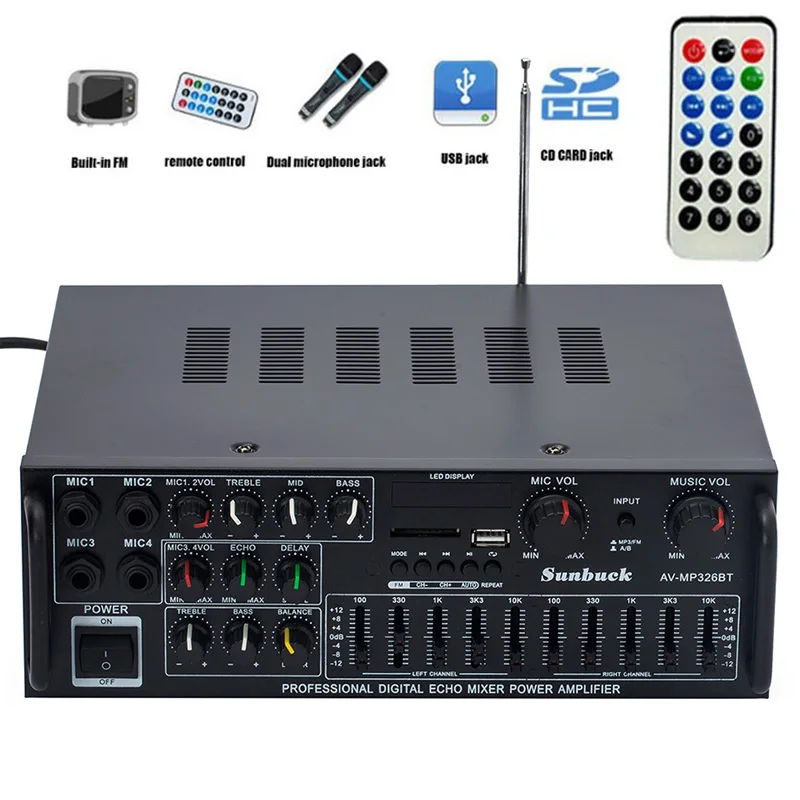 110 В 220 в 12 2 1 канала 200 Вт Высокая мощность Bluetooth FM USB MP3 караоке усилитель 10